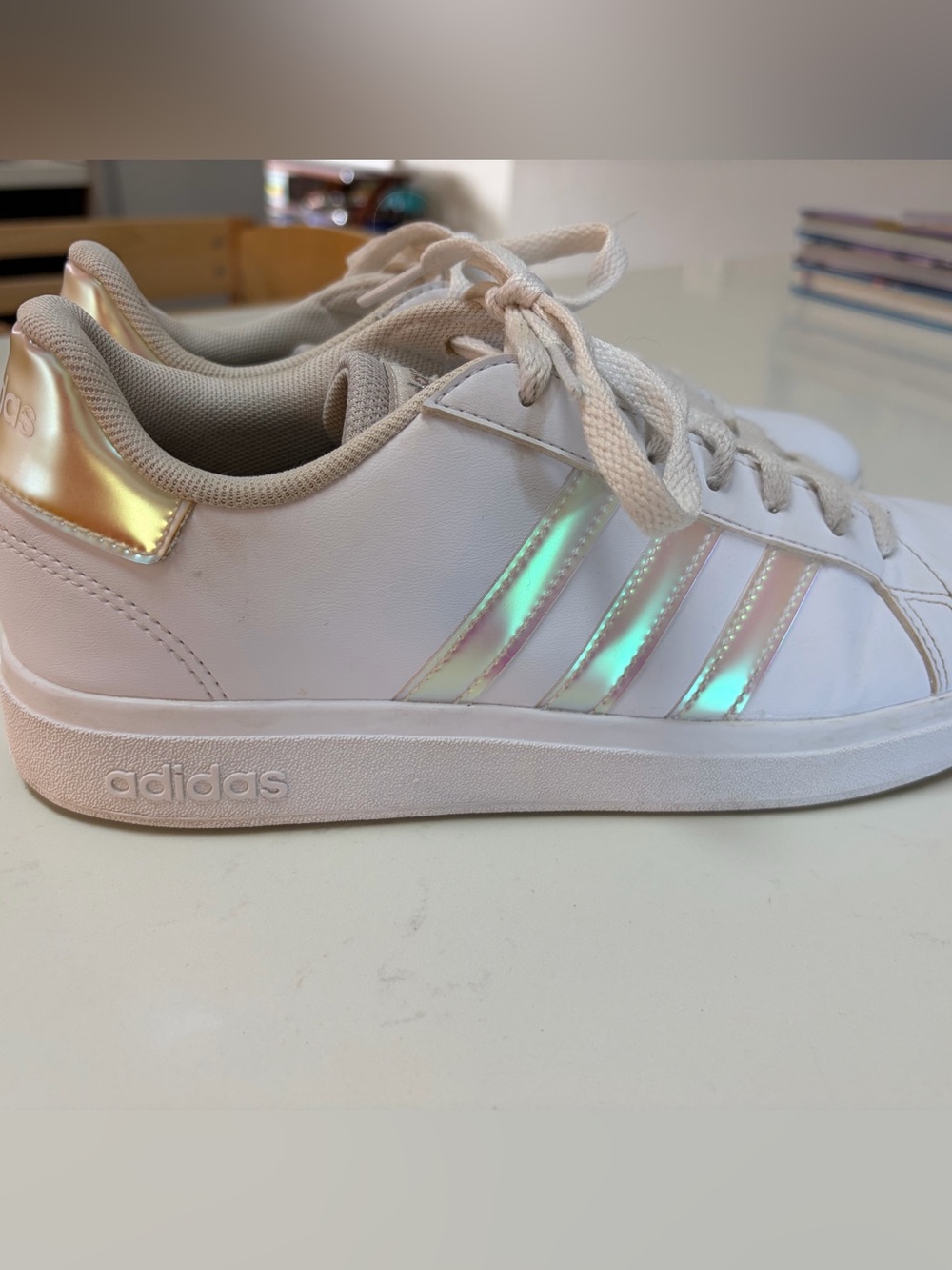 adidas women’s Grand Court 2.0  White Sneakers with Iridescent Stripe Accents